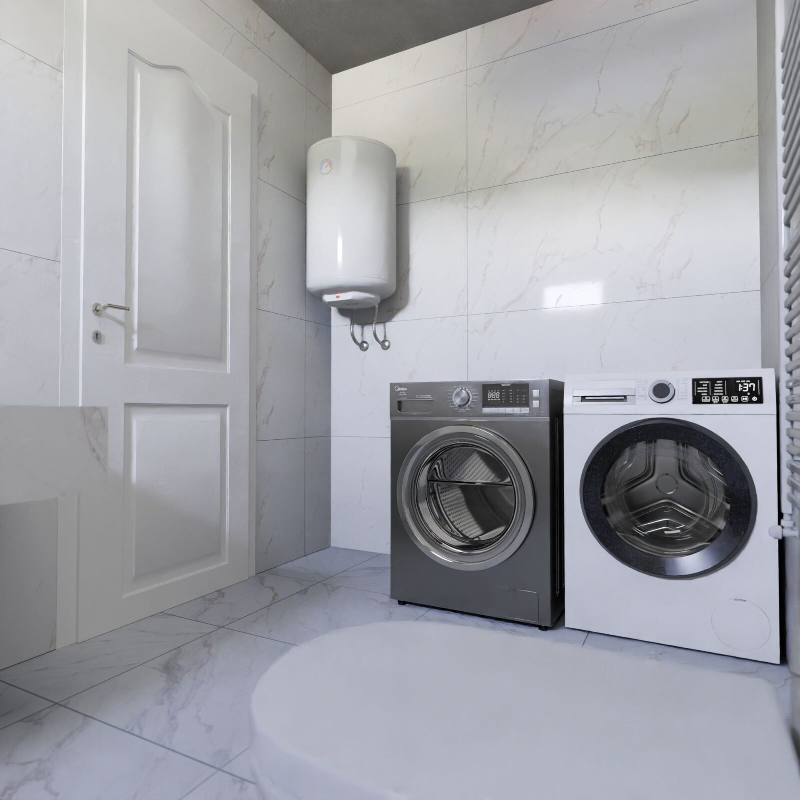 Tiled laundry with washing machine and dryer